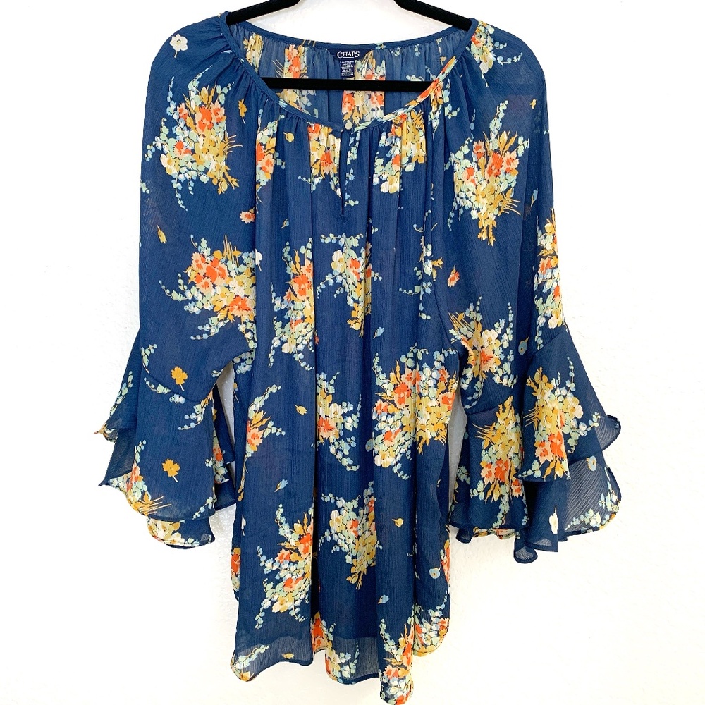 Chaps Peasant Blouse 2X Blue Floral Sheer Bell Sleeve Cottage Core Boho